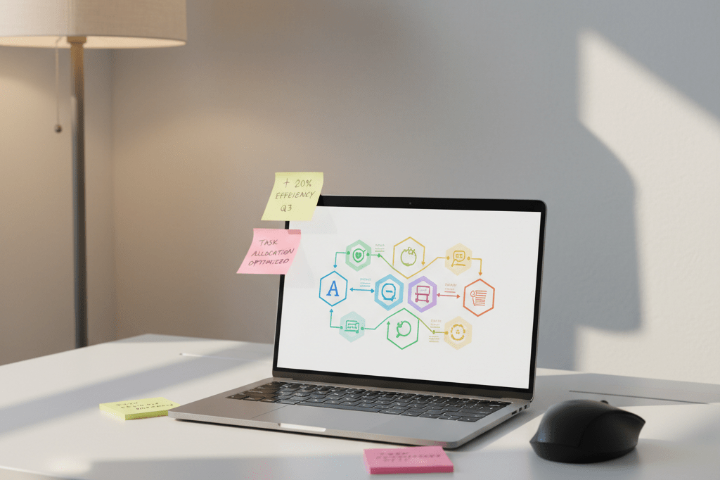 Clutter-free office desk with laptop showing abstract AI workflow diagrams under warm ambient light