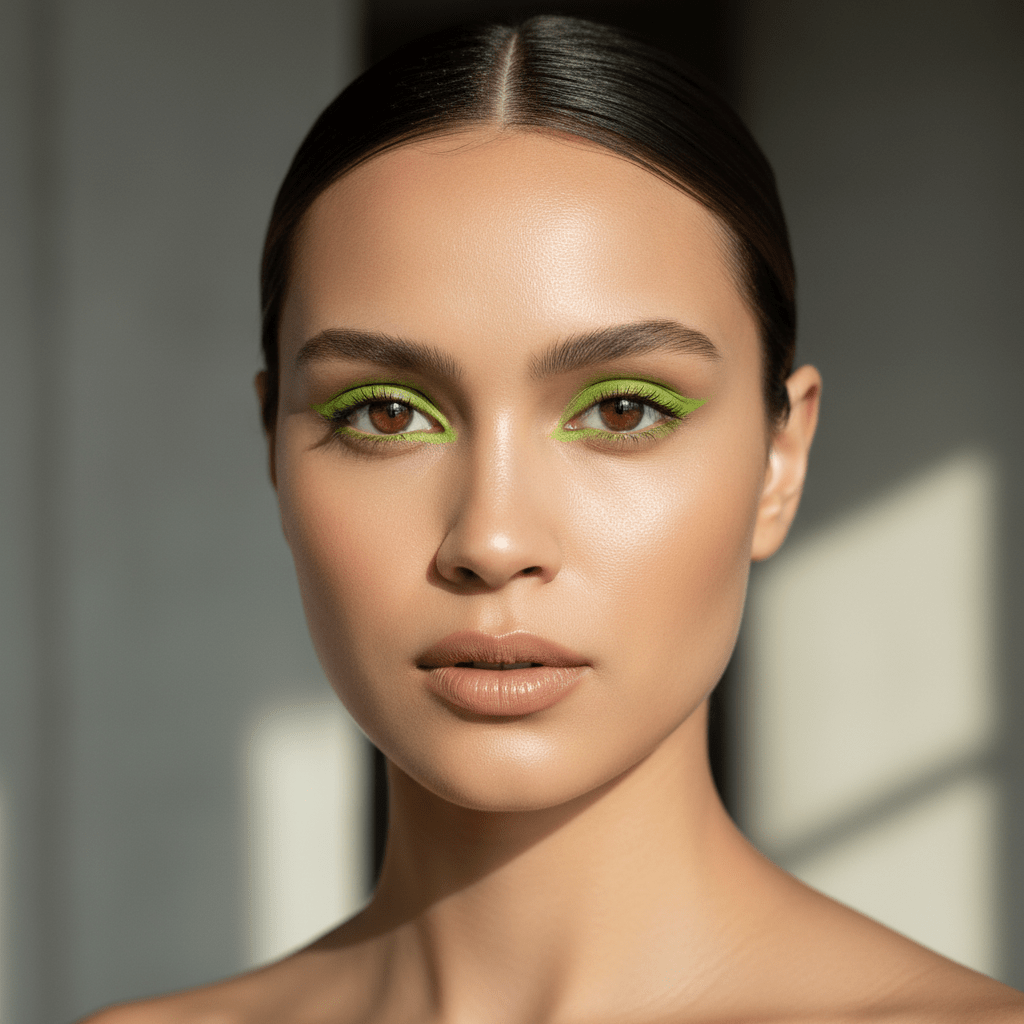 Model with neon green eyeliner, glowing skin, and nude lips in soft natural light.