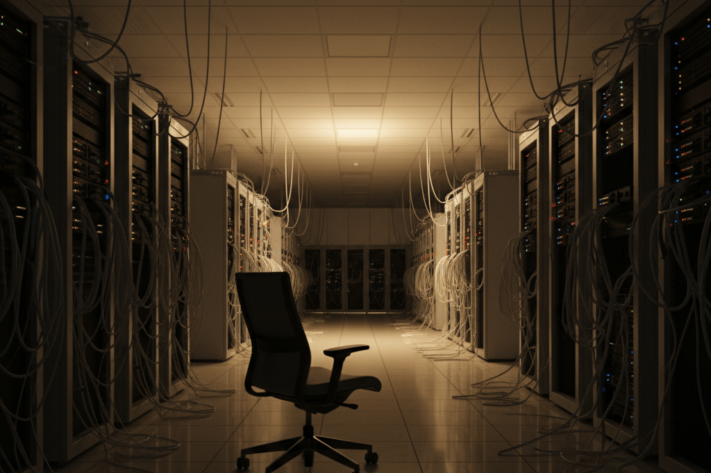Inactive servers and network devices in a dimly lit server room with emergency lights, highlighting digital vulnerability