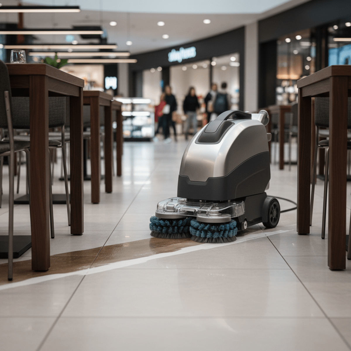 Sleek tile and grout cleaner in action on restaurant floor Futuristic cylindrical tile cleaner with dual brushes cleaning restaurant floor grout.
