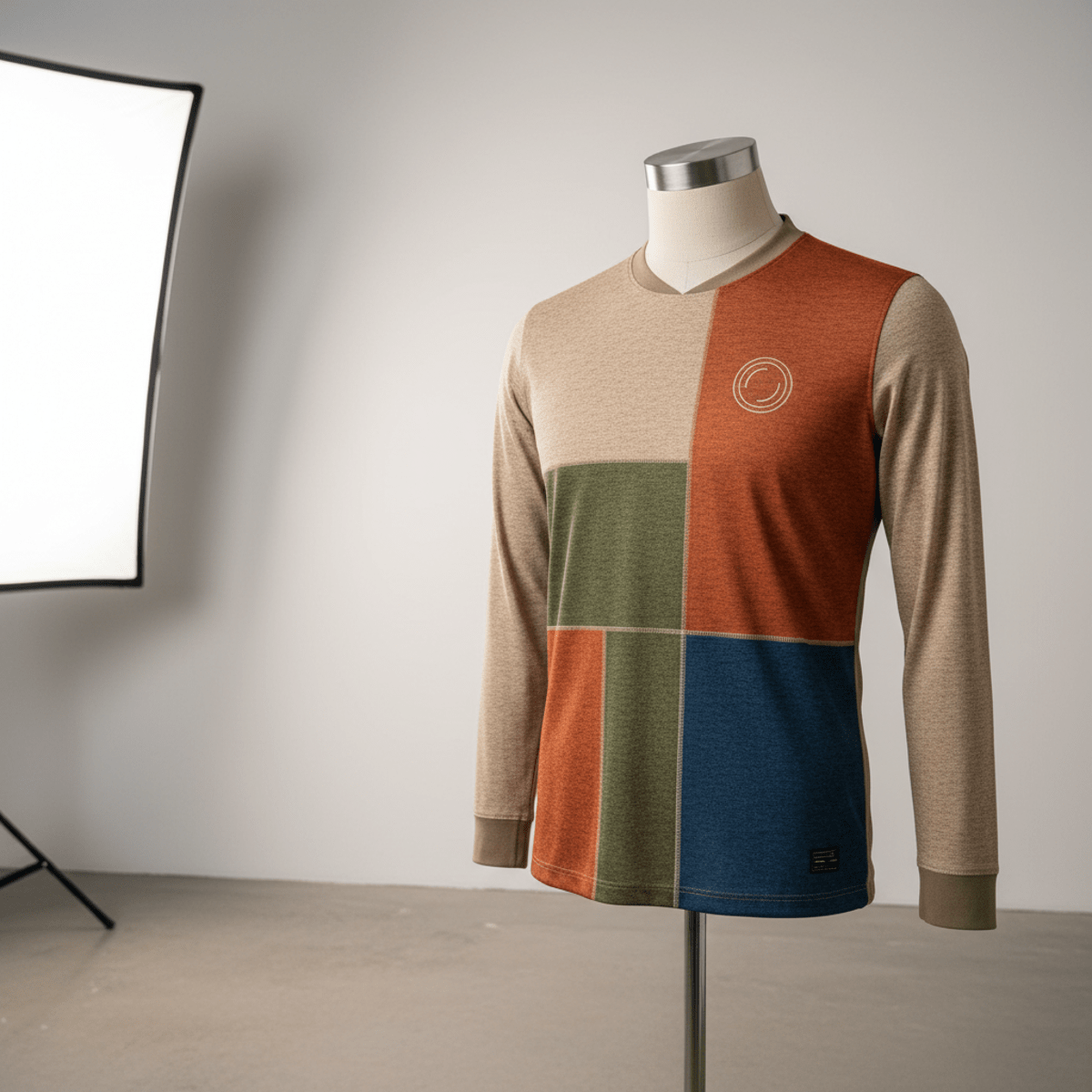 Long sleeve soccer jersey made from recycled fabric in earth tones on a mannequin.