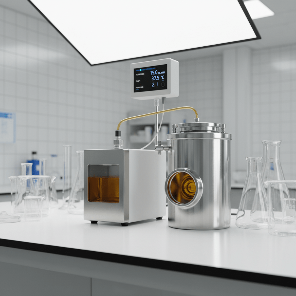 Modern pharmaceutical lab with bioreactor and oil pump Sterile lab with electric oil pump delivering golden compounds to stainless steel bioreactor.