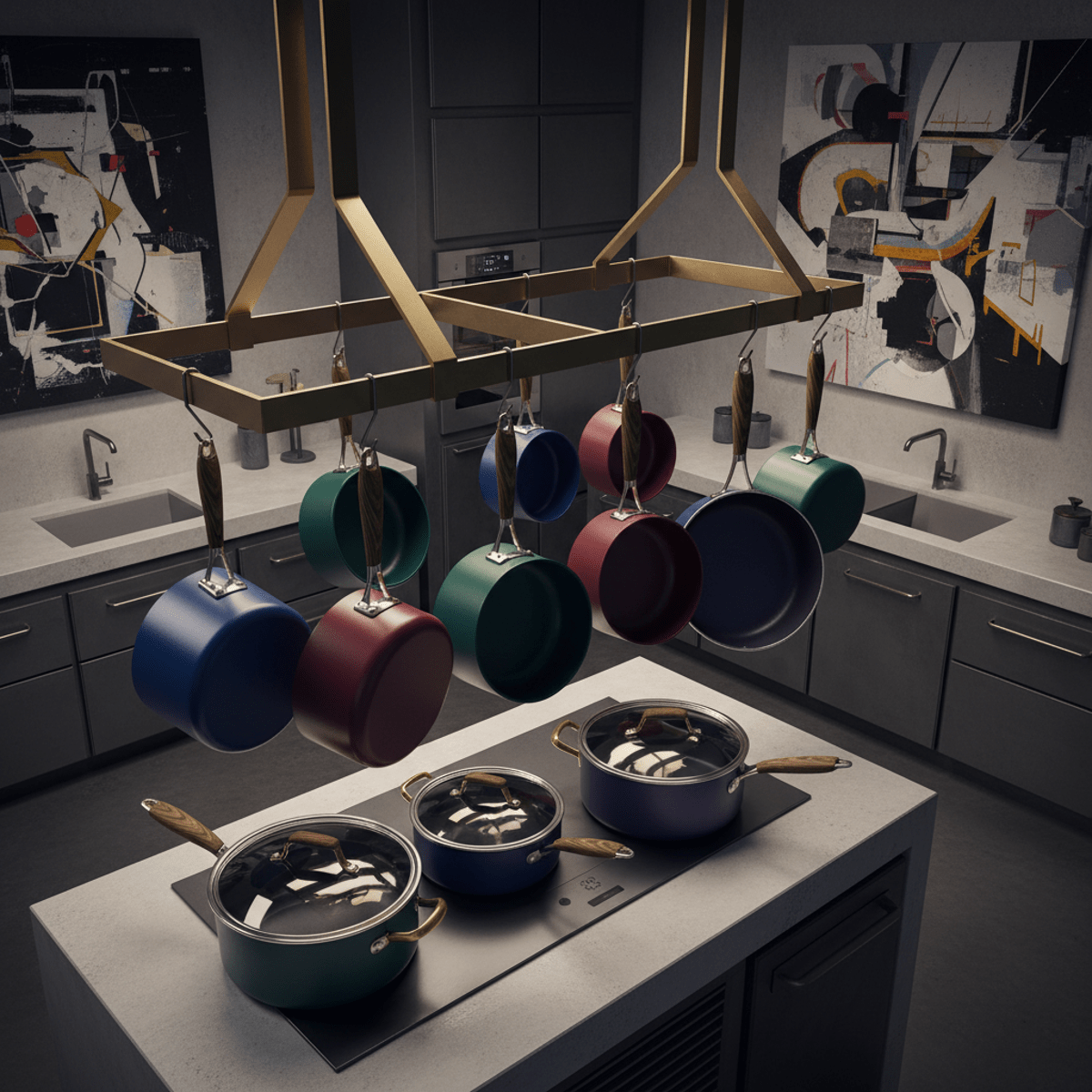 Vibrant jewel-tone cookware set with brushed gold handles hangs in a modern kitchen.