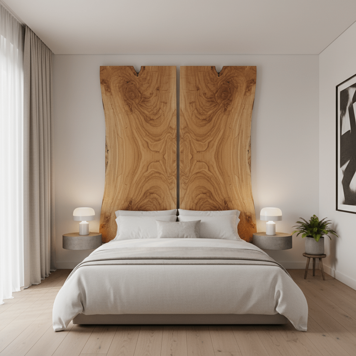Luxurious modern bedroom with a bookmatched wood headboard and soft diffused daylight.