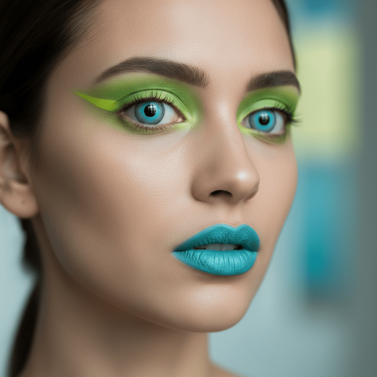 Fashionable individual with opaque turquoise contacts, matching lipstick, and lime eyeshadow.