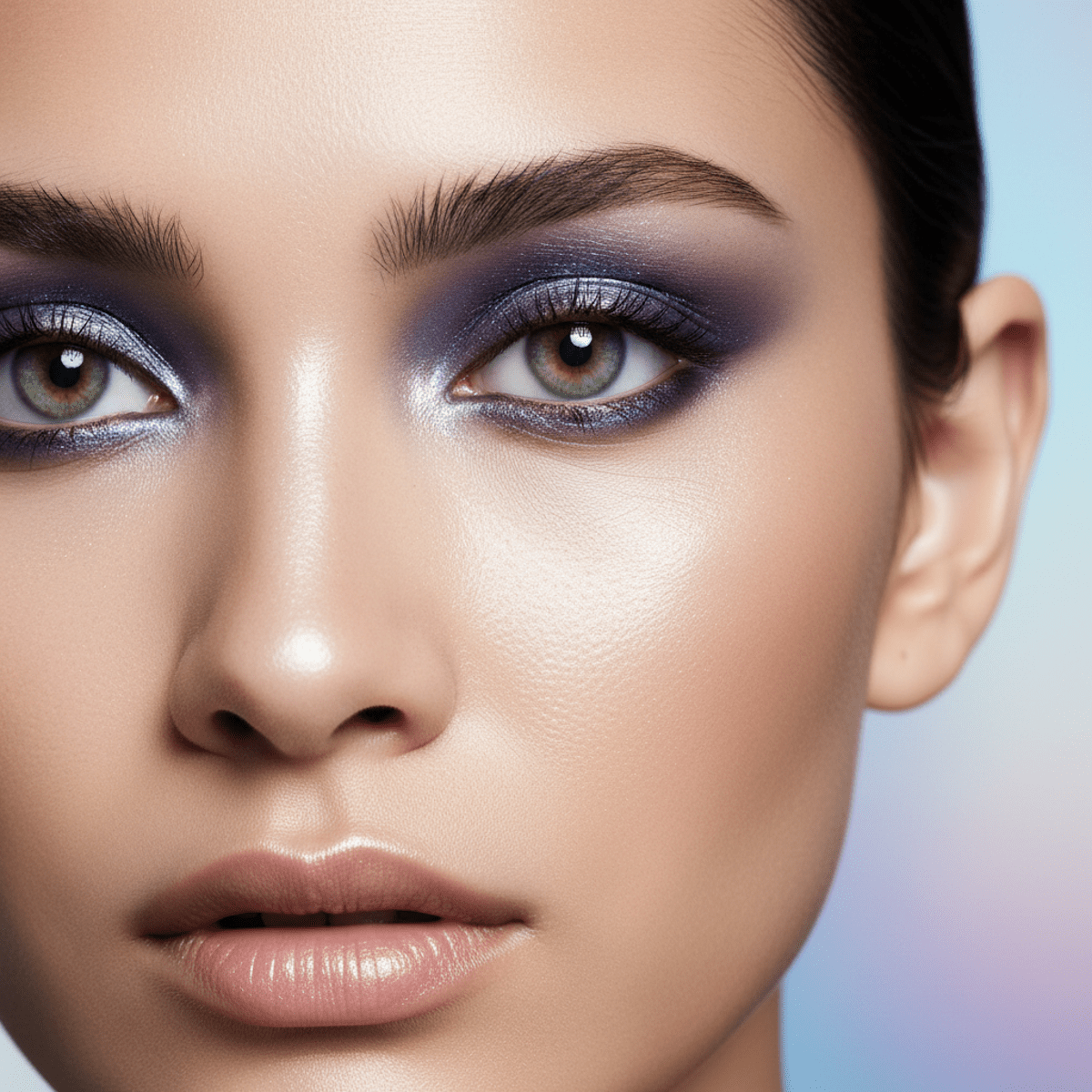 Model with glossy, iridescent silver and violet shimmer eyeshadow and radiant skin.