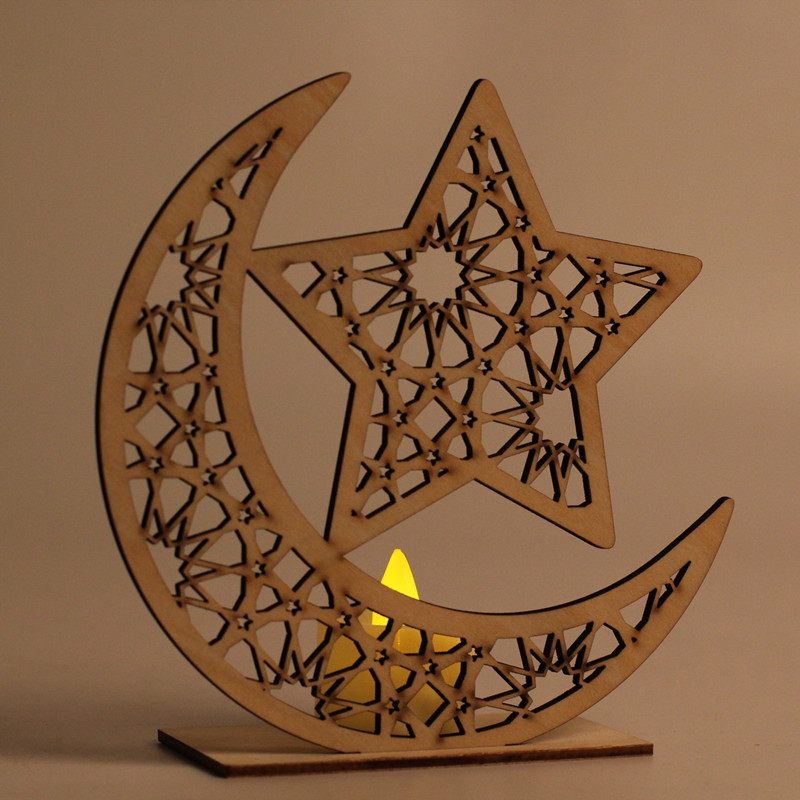 斋月穆巴拉克装饰家用月亮led蜡烛木制牌匾悬挂吊坠伊斯兰穆斯林活动