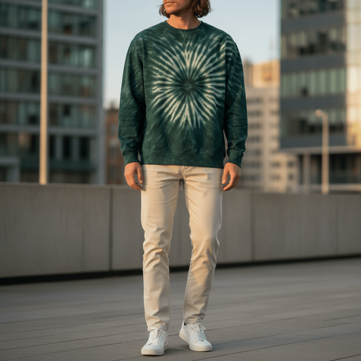 Contemporary forest green tie dye sweatshirt with swirling gradients in urban setting.