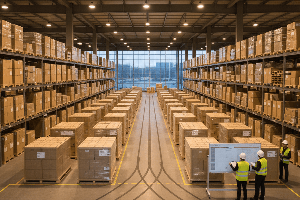 Organized logistics hub with stacked pallets and operational charts under warm ambient lighting, reflecting strategic coordination