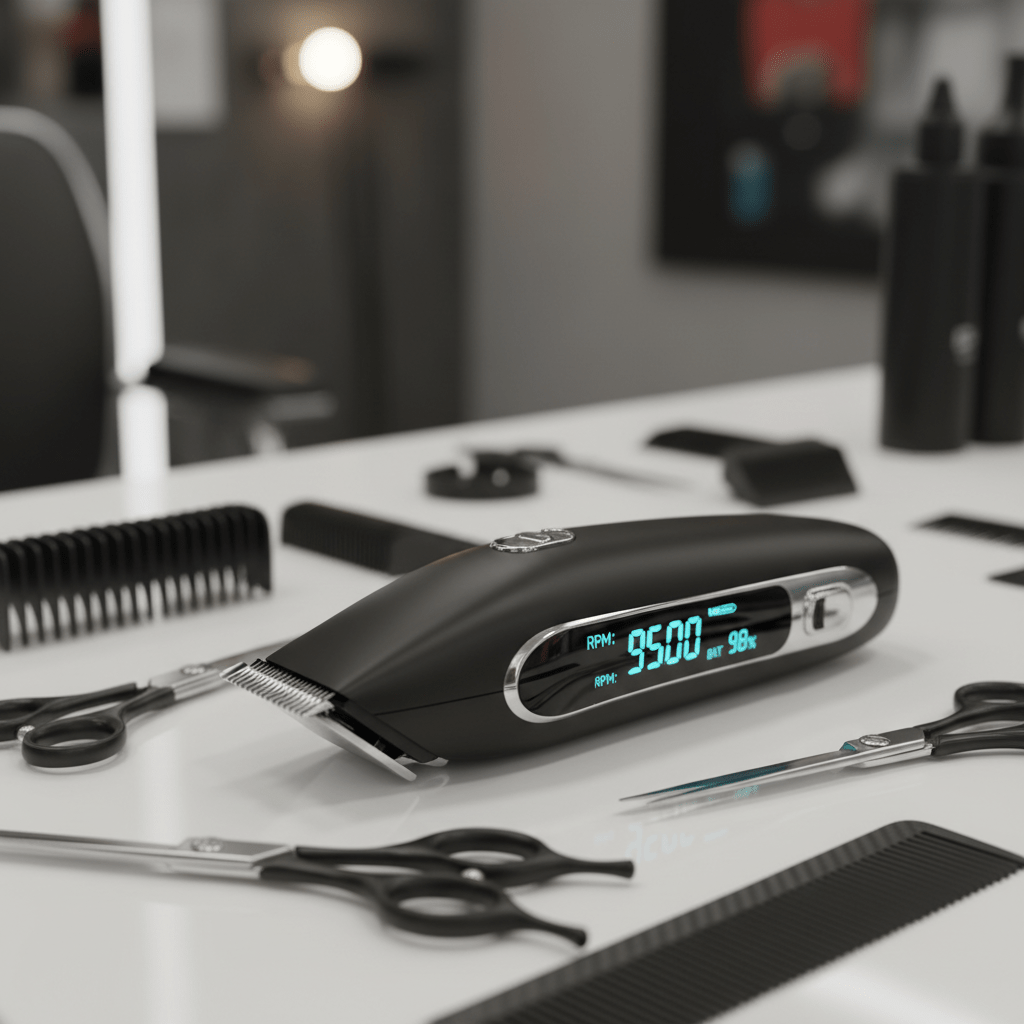 Sleek futuristic clippers with OLED display and metallic blades on a barber station.