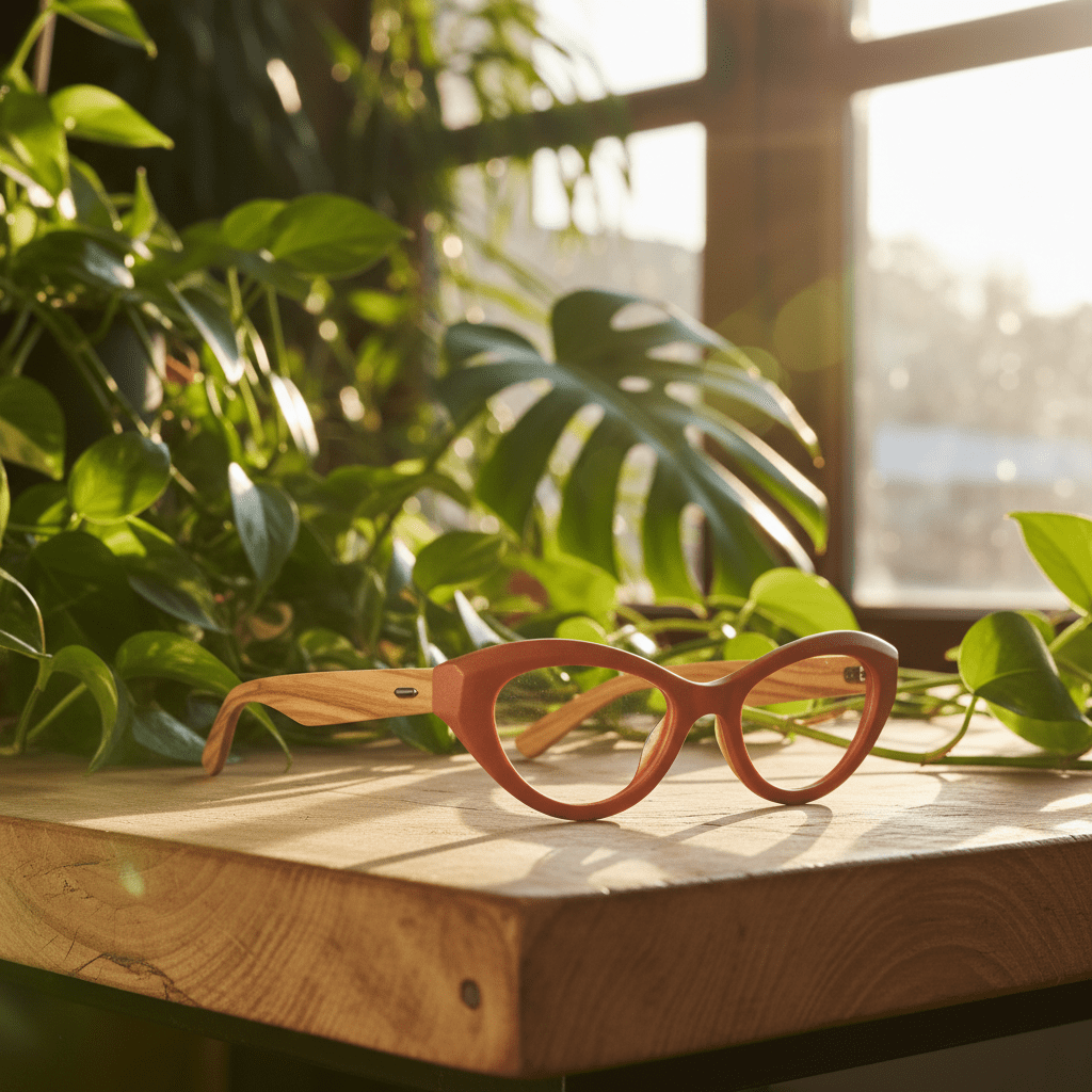 Trendy eyeglasses crafted from terracotta bio-acetate and olive wood temples.