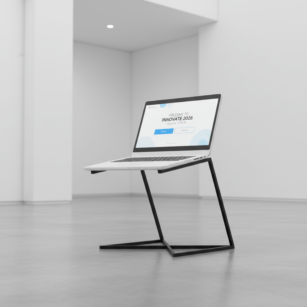 Sleek refurbished laptop on black stand in modern entryway, ready for guest sign-in.