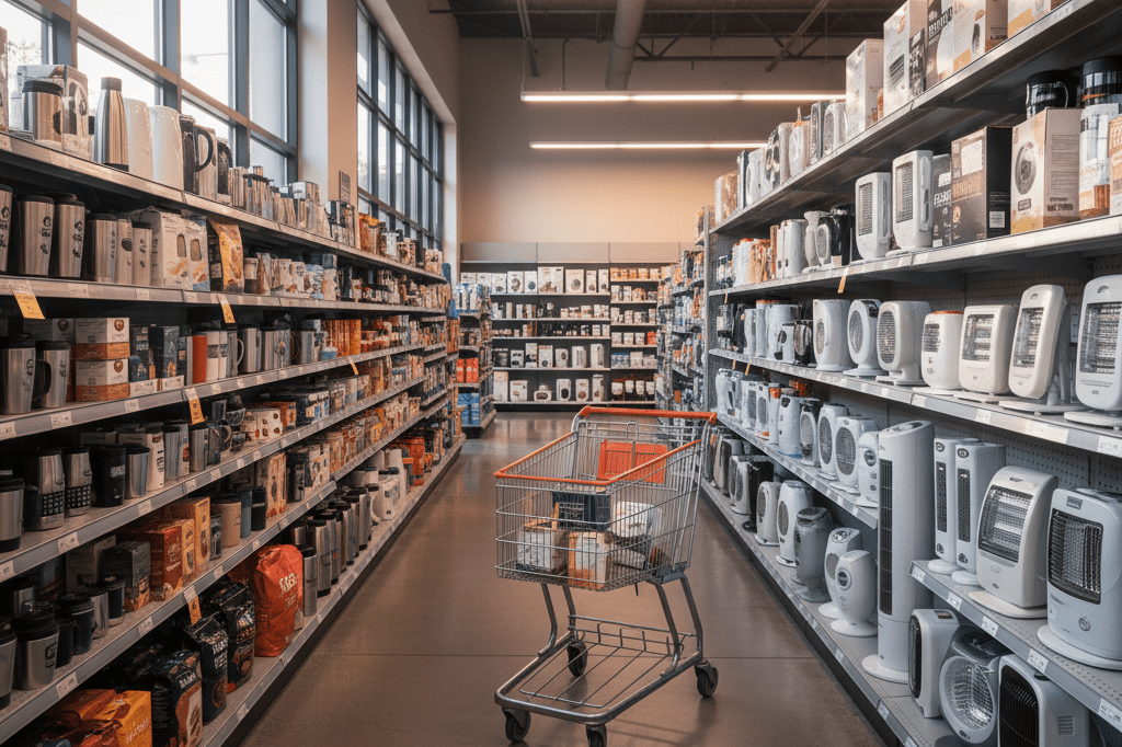 Wide shot of retail shelves stocked with heaters and beverages under natural light, reflecting proactive inventory planning