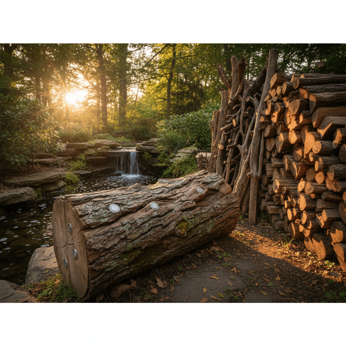Faux log cat repellent by water feature, natural garden setting, golden hour light.