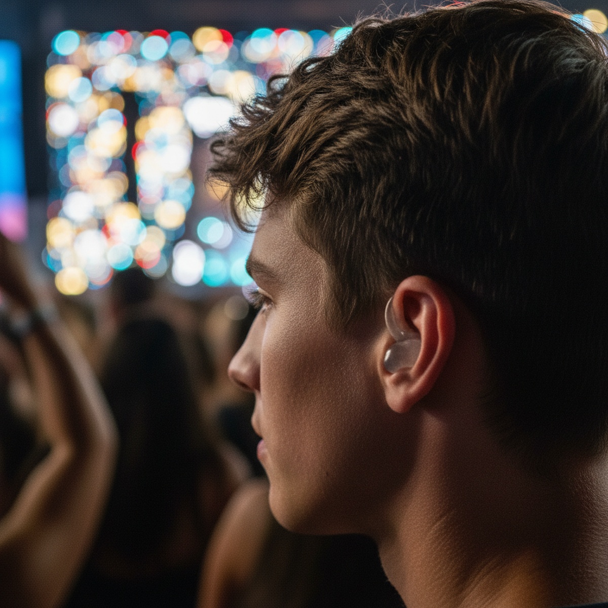 Discreet clear silicone earplug in a concert-goer's ear, almost invisible.