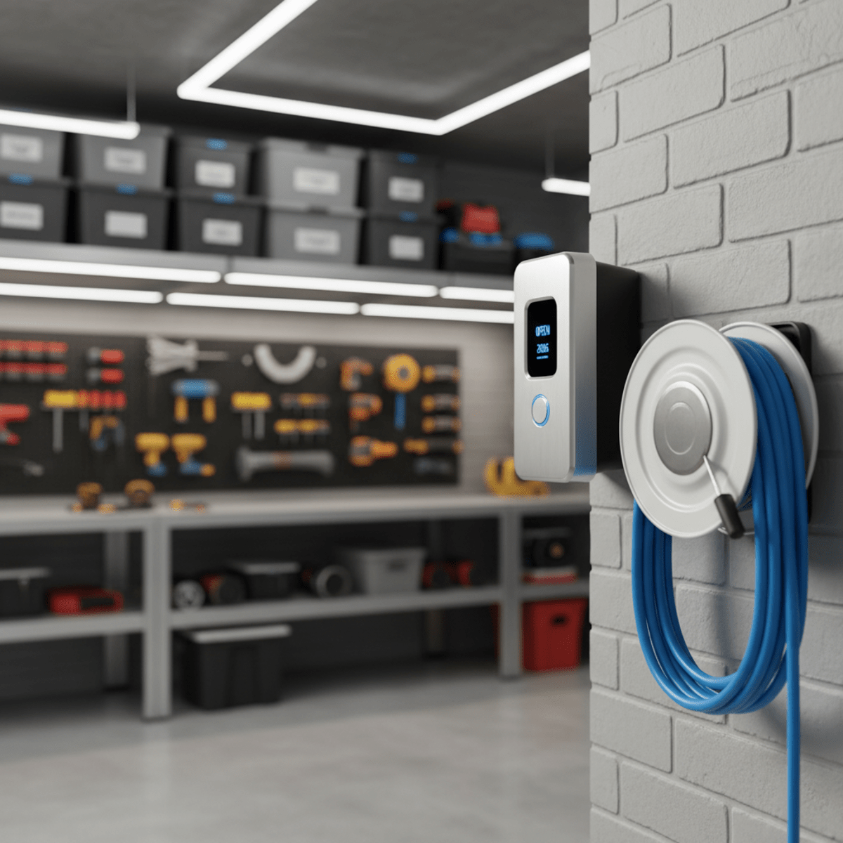 Minimalist garage door opener in a hyper-organized workshop with metallic finishes.