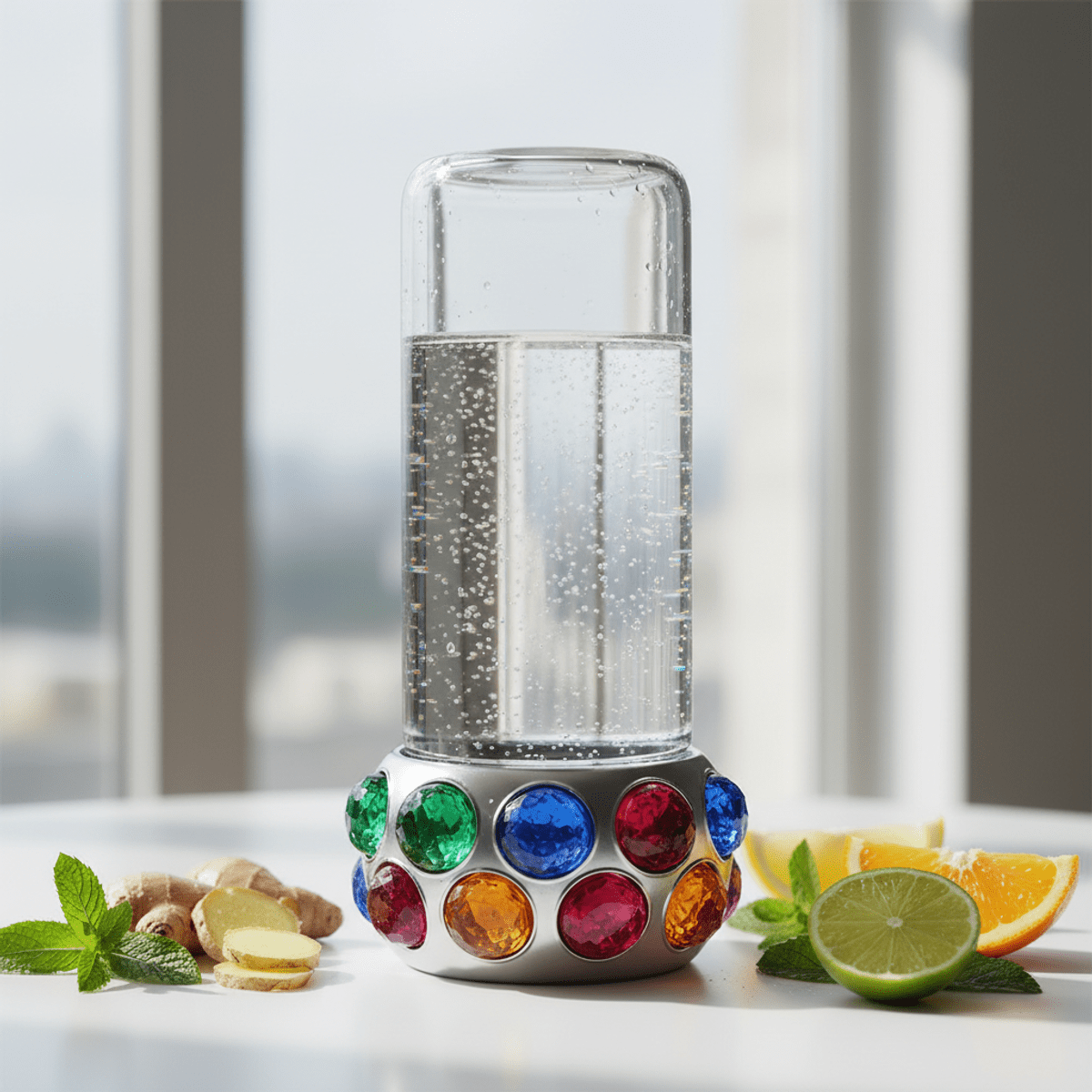 Futuristic water bottle with jewel-toned flavor pods and fresh ingredients on a table.
