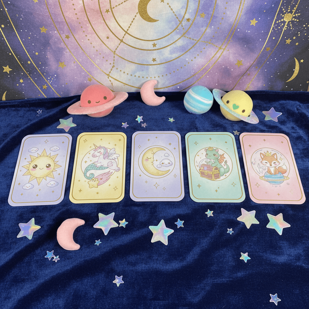 Kawaii celestial tarot flat lay with pastel cards and plush planets on velvet.