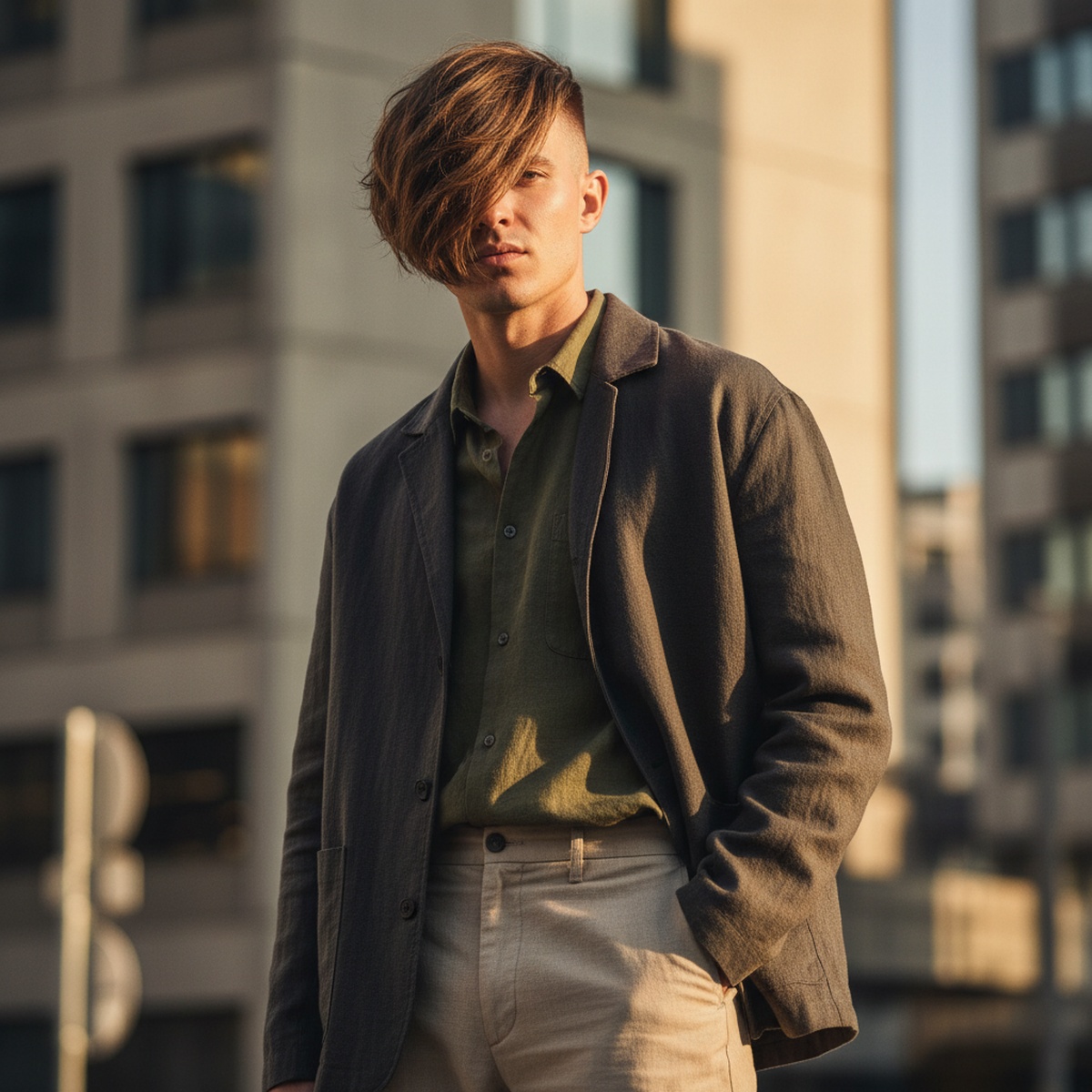 Fashion-forward male with a two-block haircut in golden hour street style light.