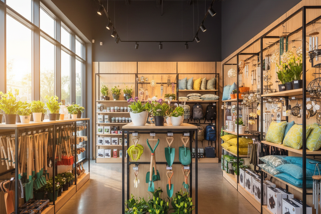Wide shot of a retail store with spring merchandise under natural light, symbolizing equinox-driven shopping trends