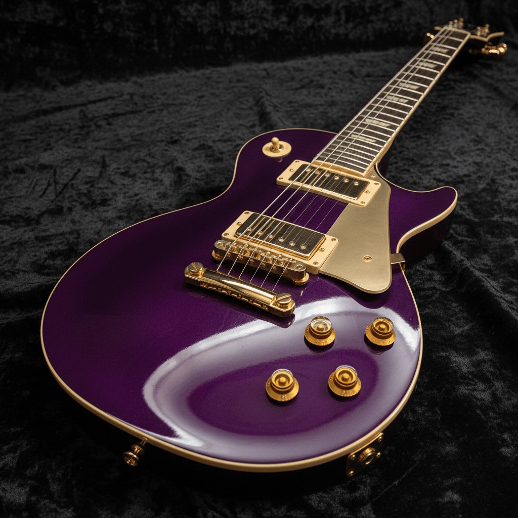 Sleek electric guitar in deep royal purple with gleaming gold hardware on velvet.