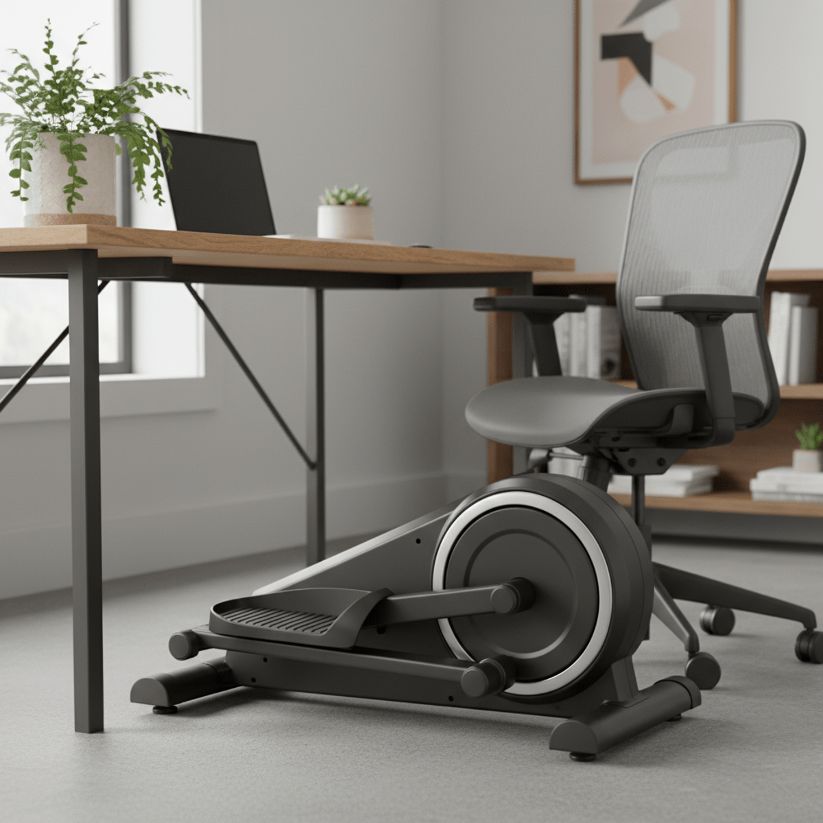 Sleek matte black under-desk elliptical machine in a modern home office.