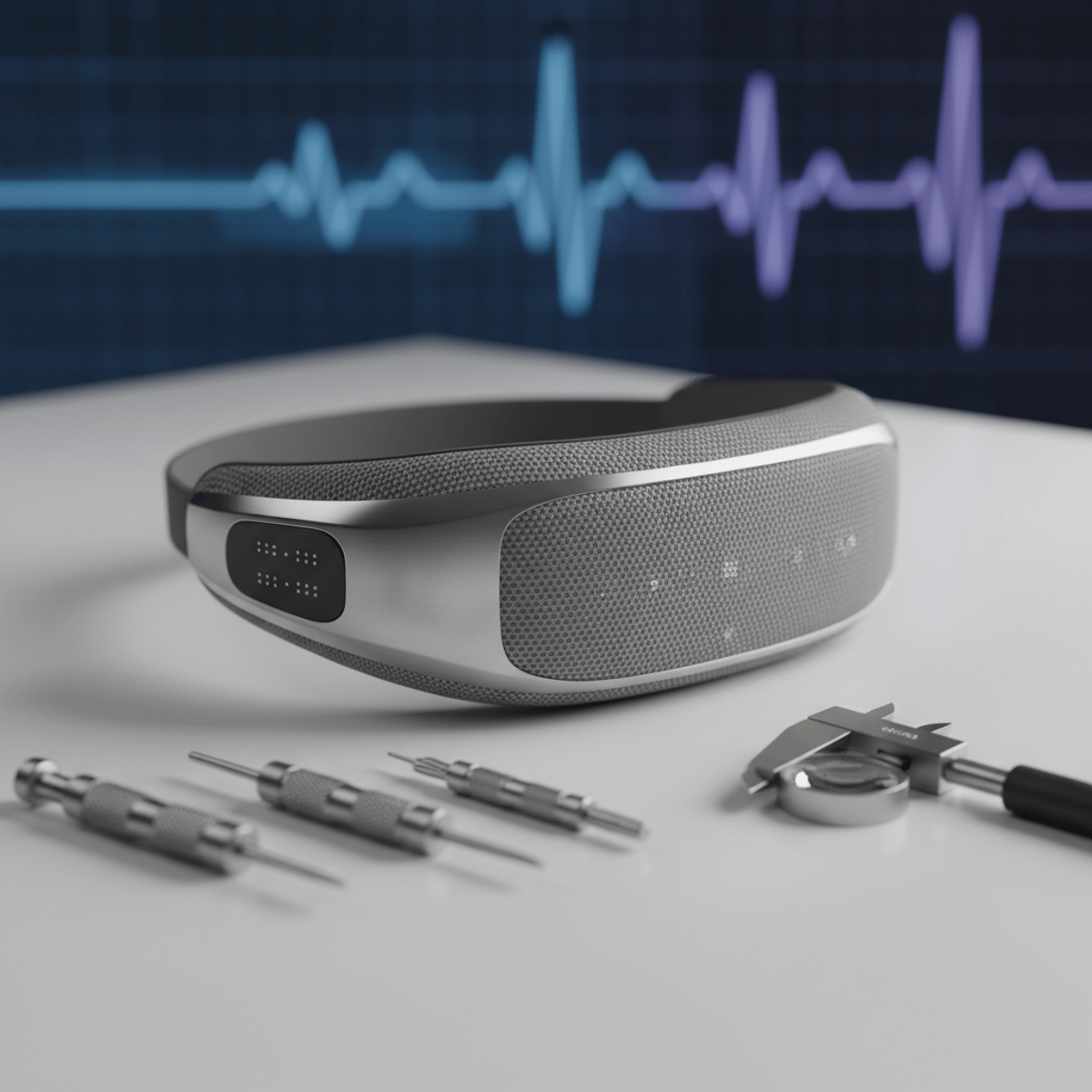 Close-up of a smart headband heart monitor with micro-sensors on a white desk.