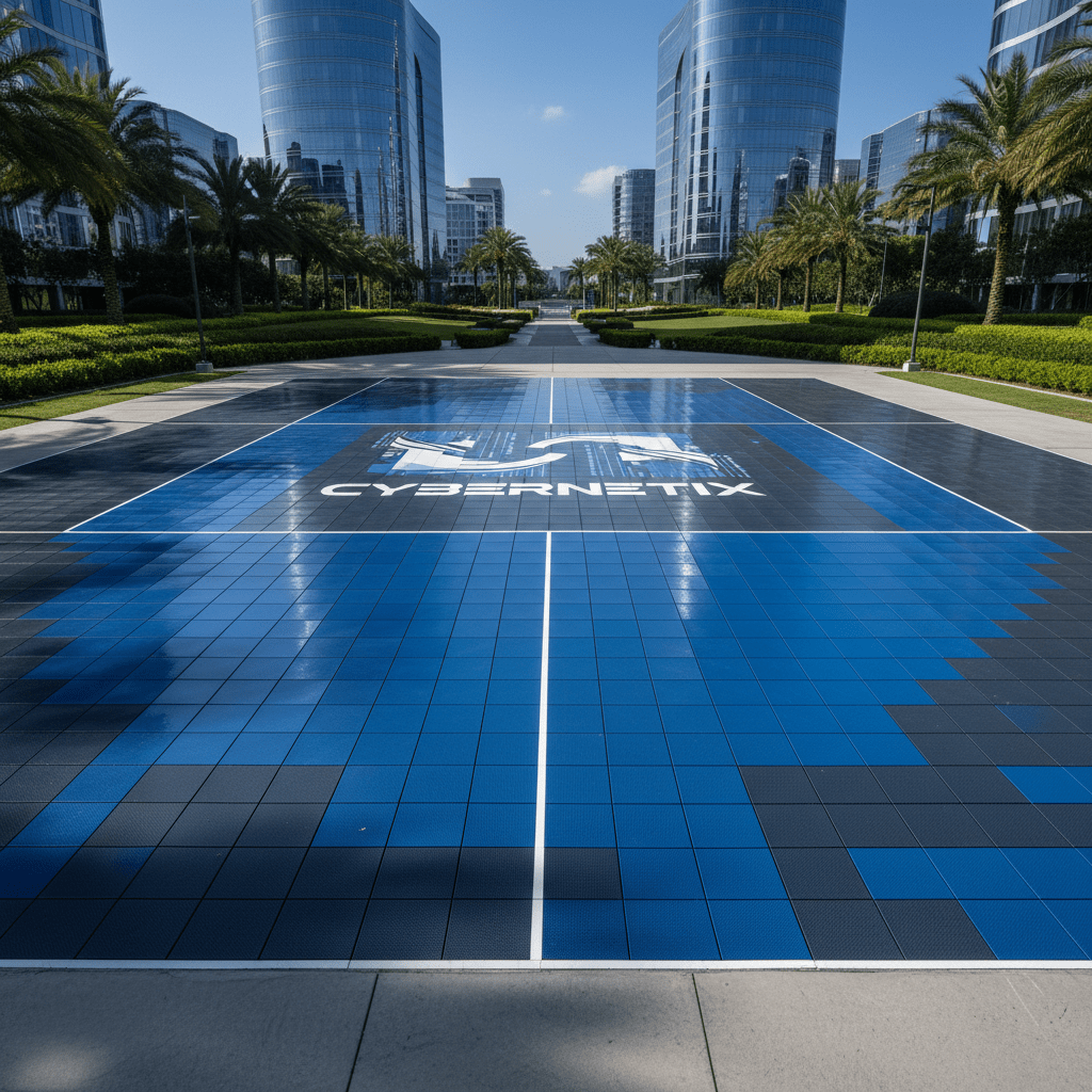 Outdoor sport court tiles installation with embedded emblem at technology campus.