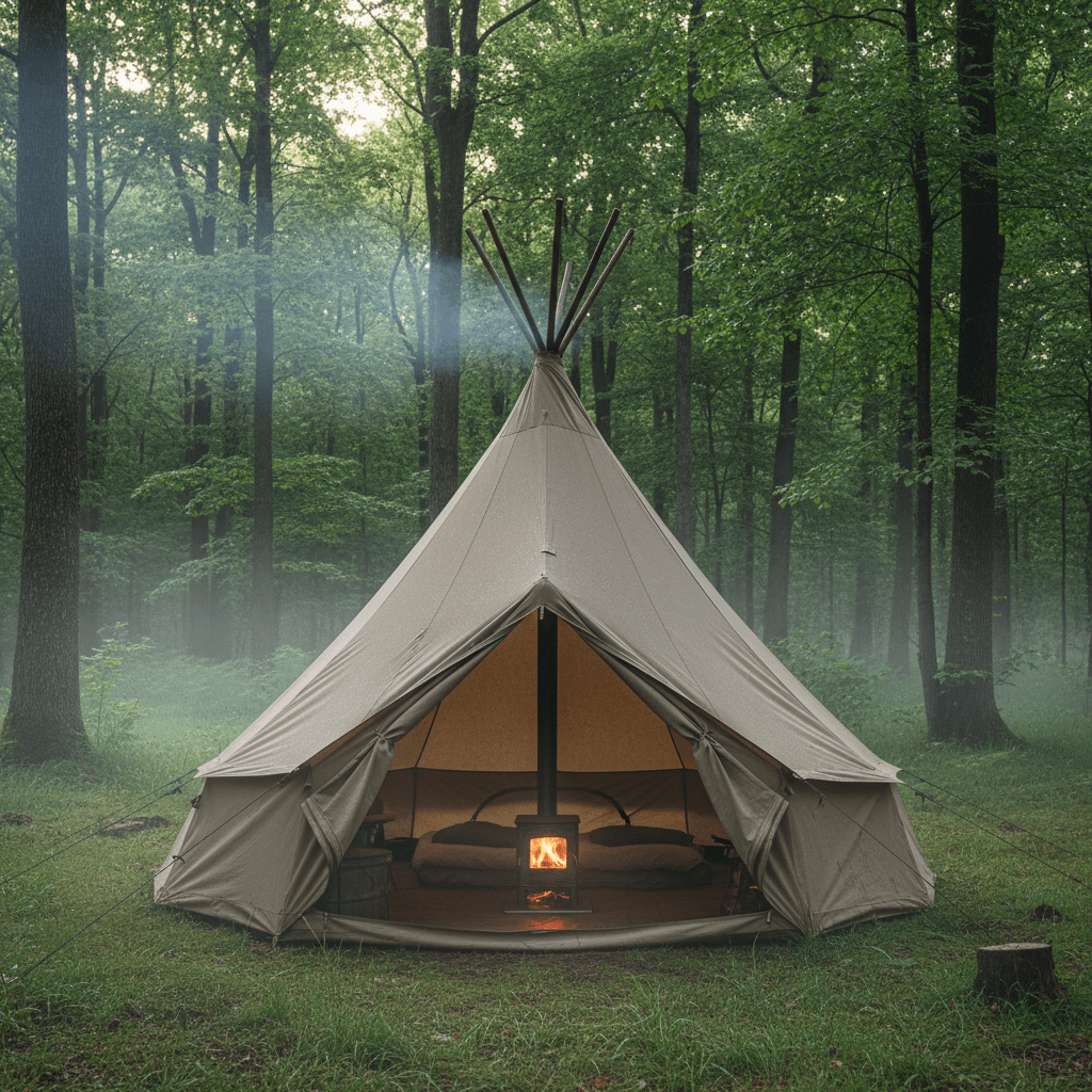 Durable twin-pole canvas tent in a misty forest clearing at dawn.