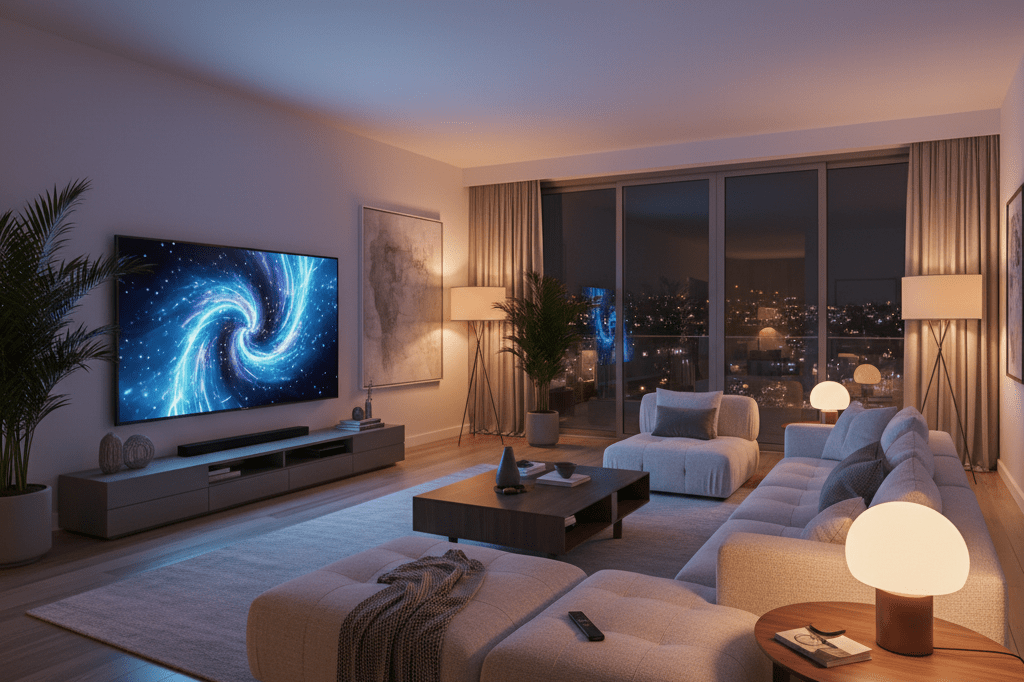 Warmly lit living room with a large TV and cozy seating, suggesting an immersive entertainment experience without showing specific branding