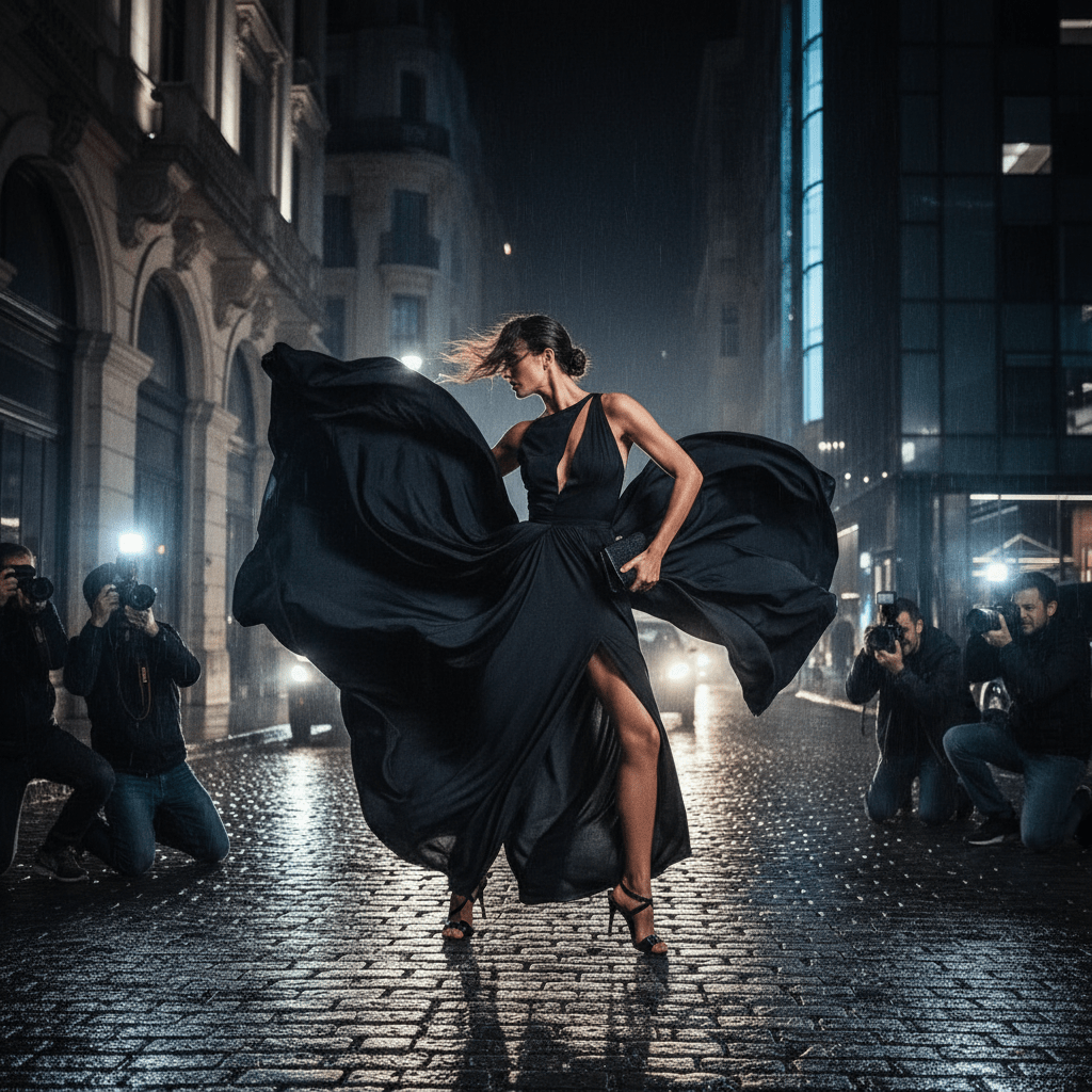 Monochromatic viscose gown with fluid silhouette on dancer in moody urban street.