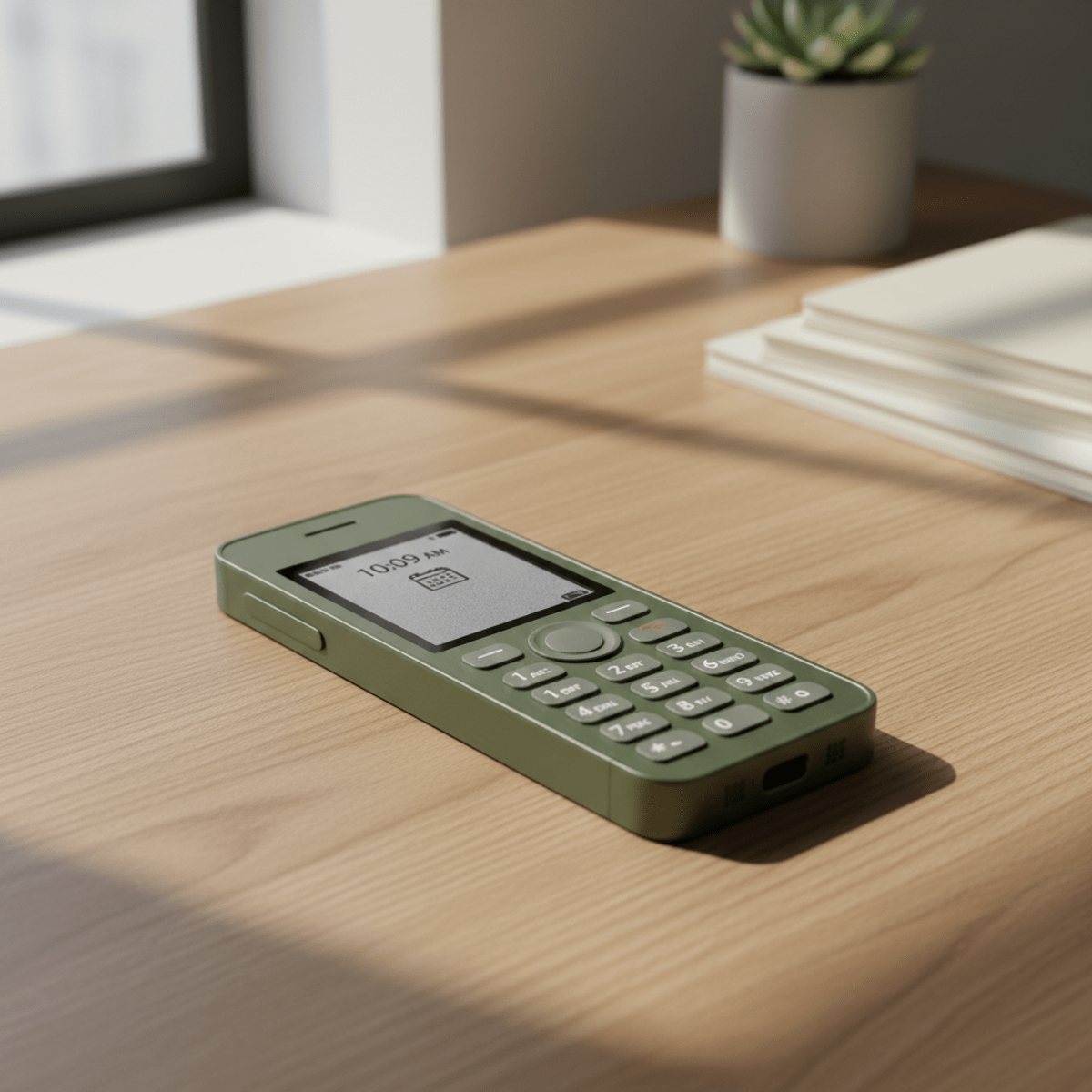Sleek e-ink phone with tactile keys on a wooden desk, soft diffused daylight.