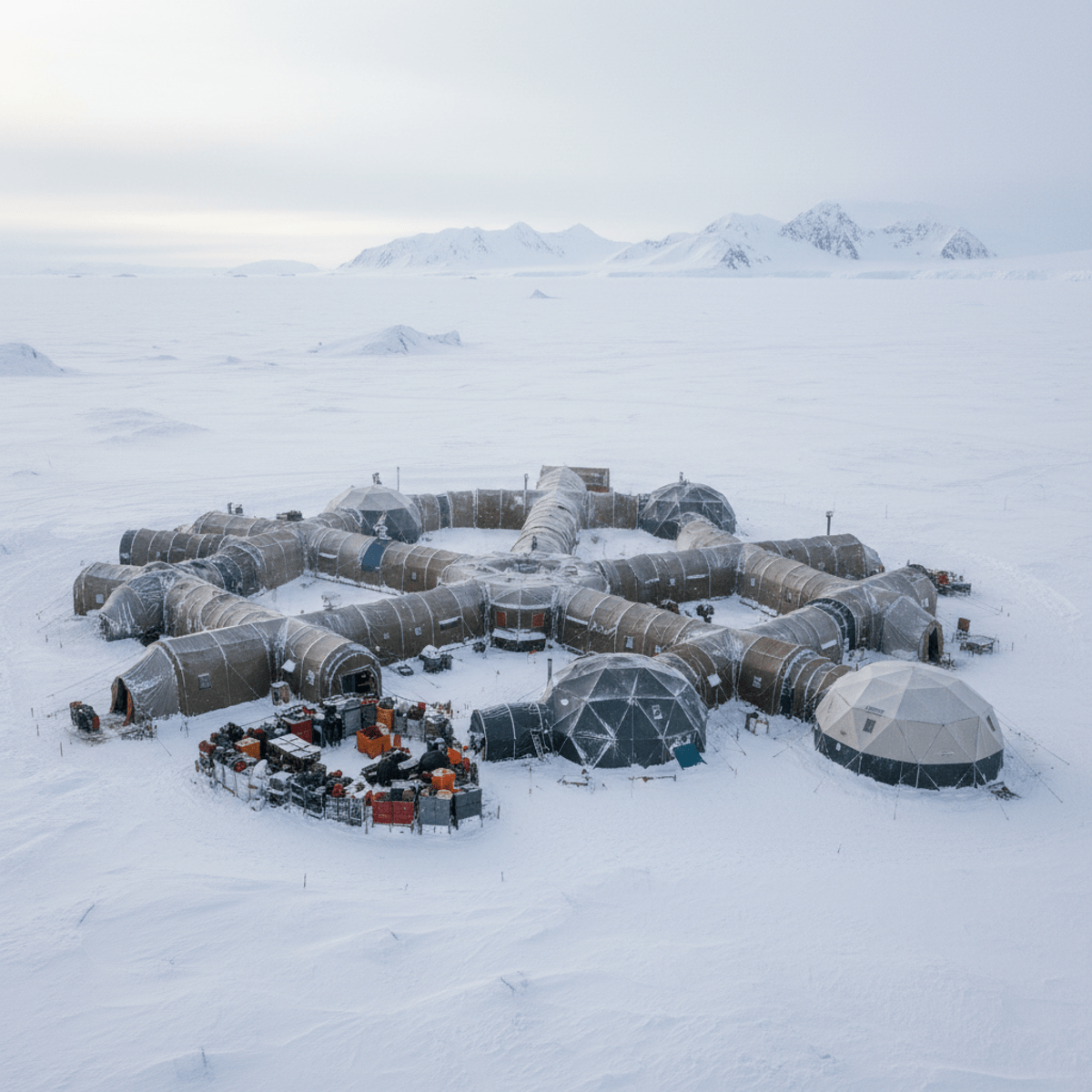 Aerial view of a modular heavy duty tent compound in Antarctica with interconnected shelters.