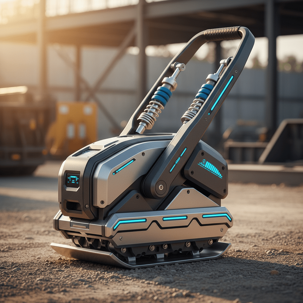 Futuristic soil compactor with blue LEDs on a construction site at golden hour.