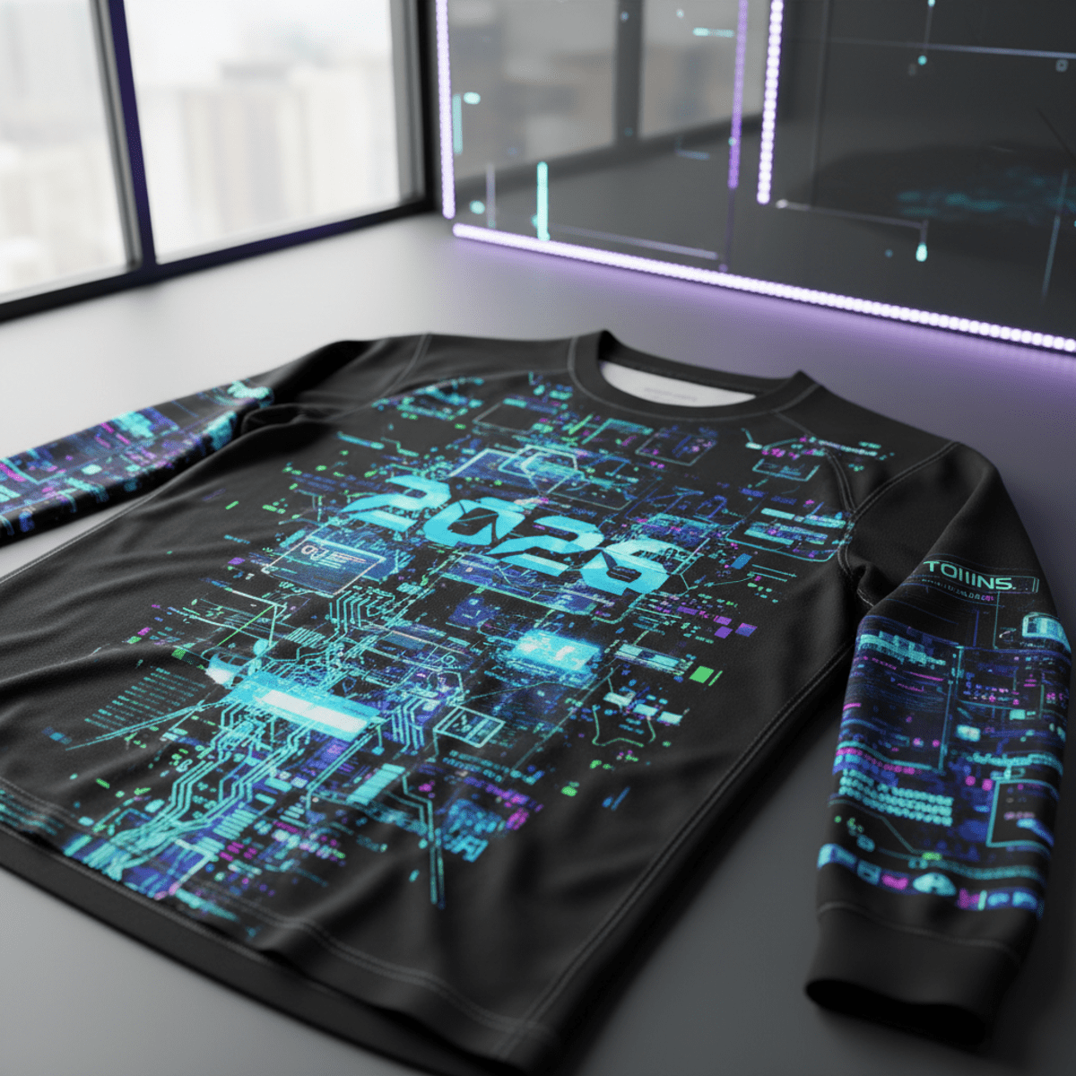 Long sleeve soccer jersey with distorted VR interface and neon circuitry graphics.