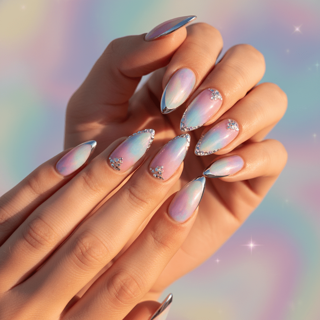 Trendy almond nails with pearlescent haze and aurora gradients in soft cosmic colors.