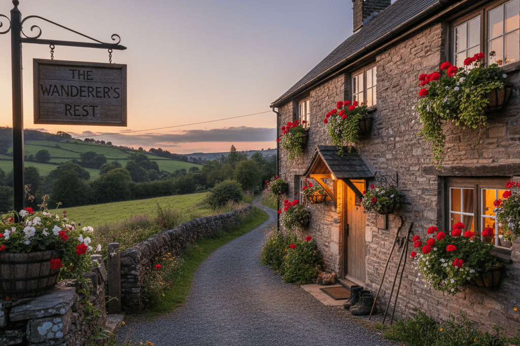 Warmly lit rural bed-and-breakfast exterior at dusk, evoking hospitality tailored to trail travelers in England’s scenic countryside