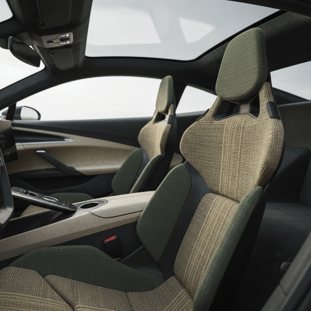 Close-up of futuristic bio-composite car seats with visible flax and hemp textures.