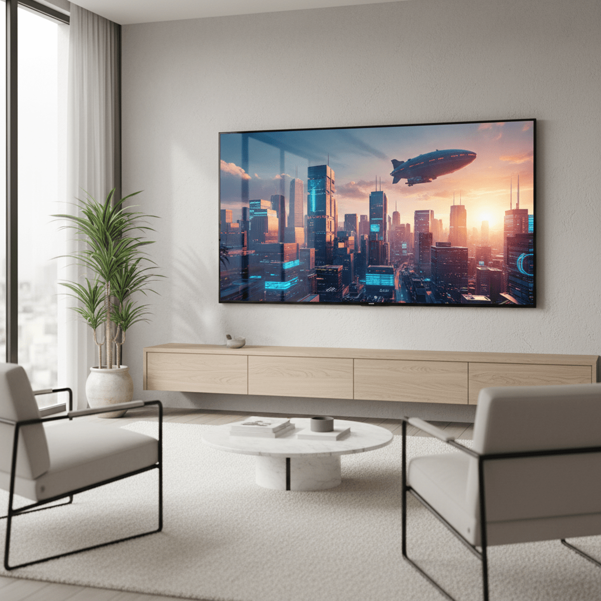 Wall-mounted QLED 4K TV displays vibrant cinematic scene in modern living room.