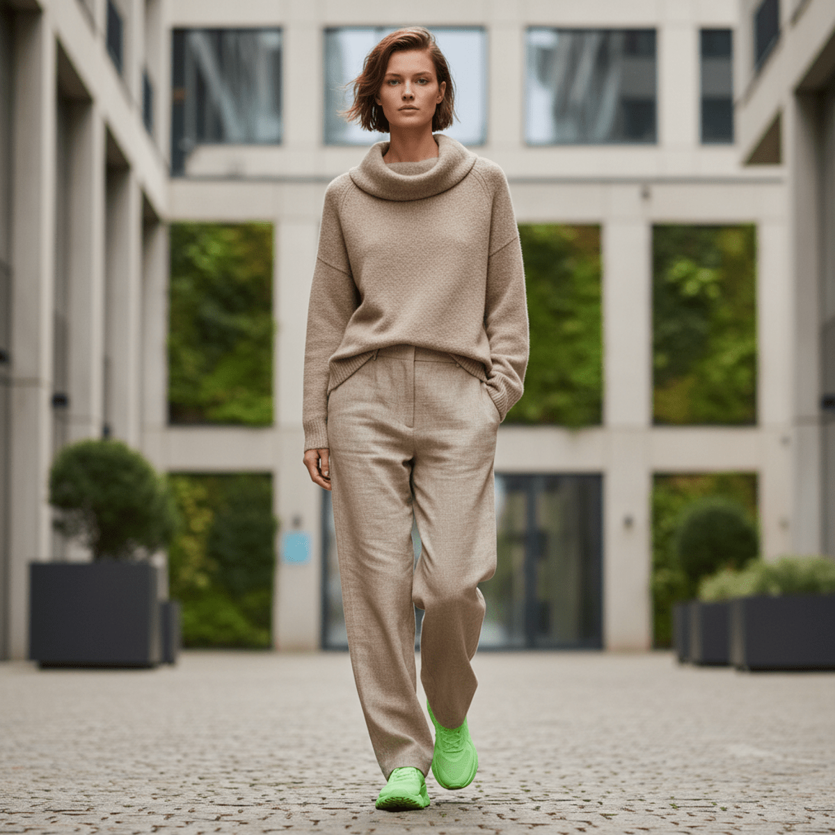 Model in a monochromatic mushroom beige outfit with cyber lime sneakers in an urban setting.