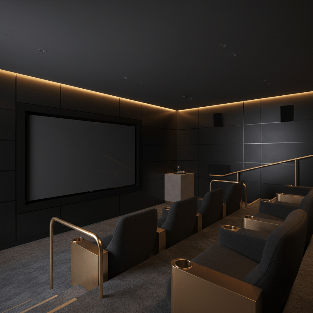 Ultra-modern private screening room with tiered charcoal seating and a massive TV.