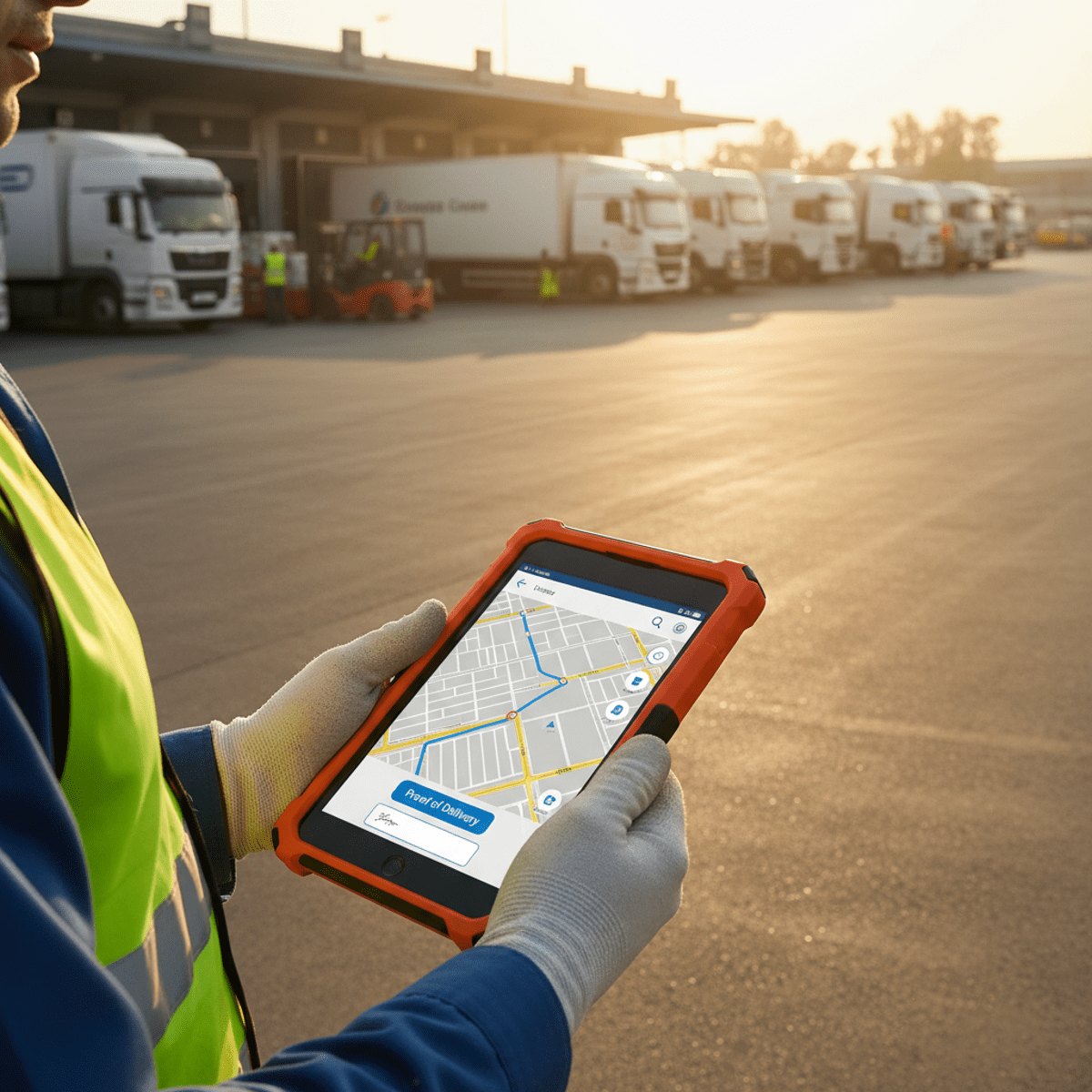Durable delivery tablet used by a driver in a busy logistics yard.