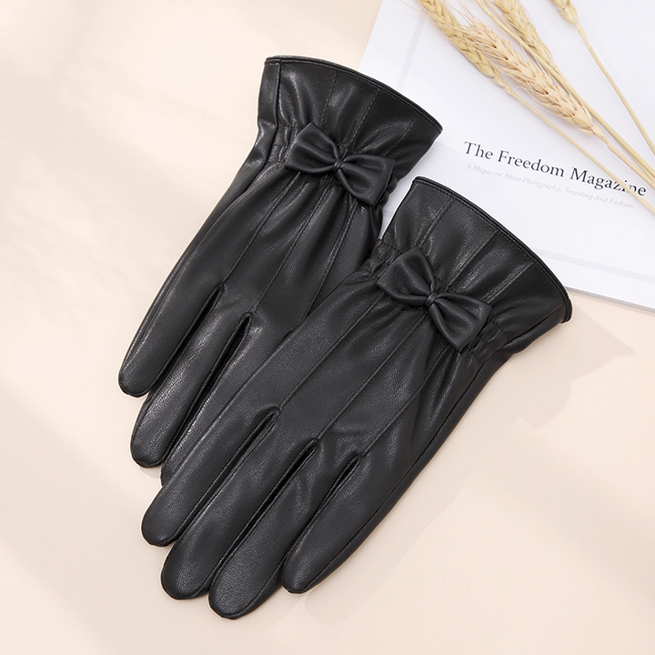 Fancy Outdoor Winter Thermal Full Palm Touch Screen Ladies Pu Leather Riding Gloves