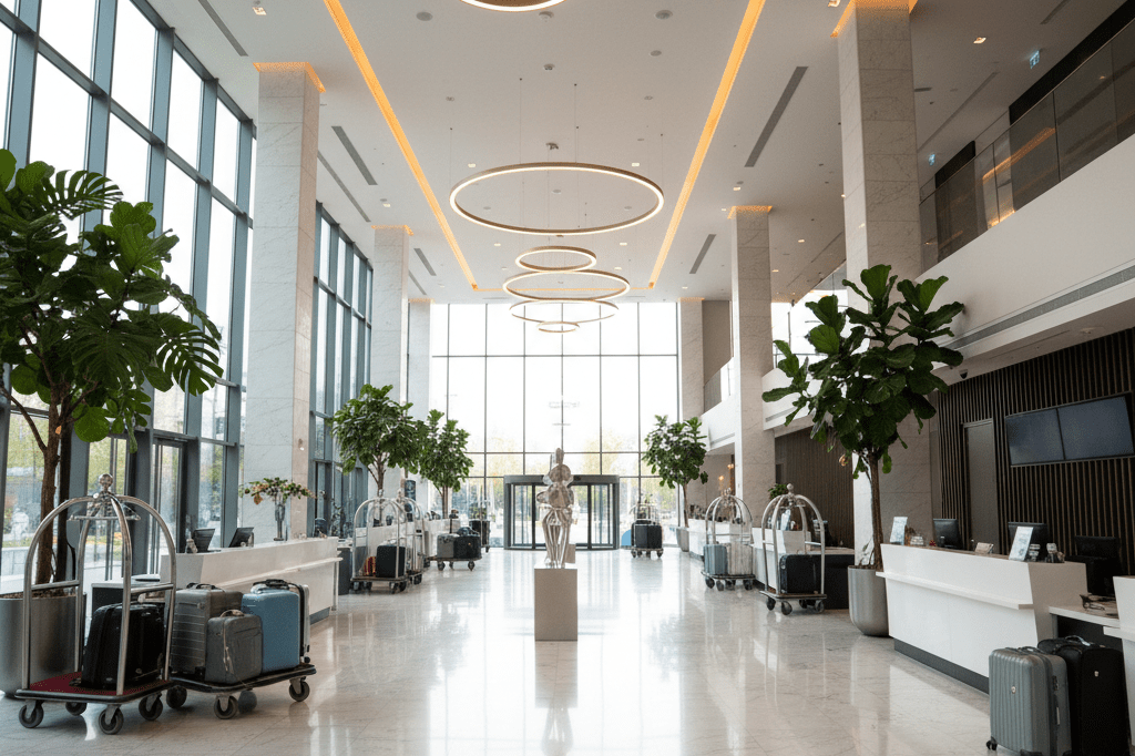 Empty hotel lobby with check-in desks, luggage carts, and ambient lighting reflecting reduced occupancy due to event disruption