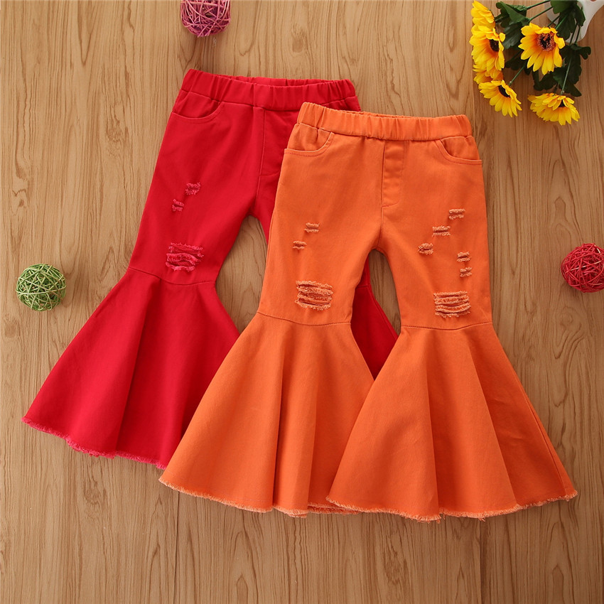 Новая повседневная одежда для малышей; Детская одежда; Детские брюки для девочек красный джинсовые расклешенные брюки джинсы Широкие брюки 2-7Yrs