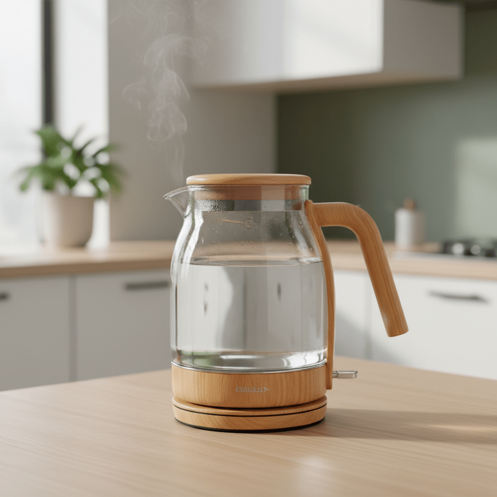 Clear glass tea kettle with bamboo accents on a modern kitchen counter.