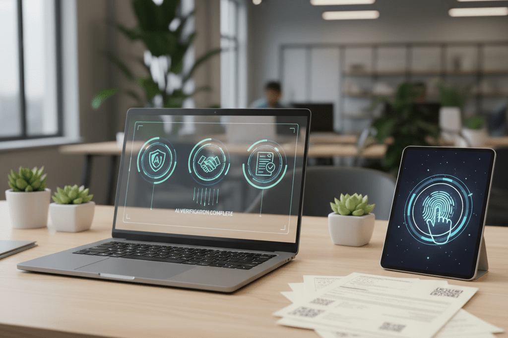 Medium shot of a professionally lit desk with laptop showing fraud detection dashboard, secure documents, and biometric tablet scan, no people visible