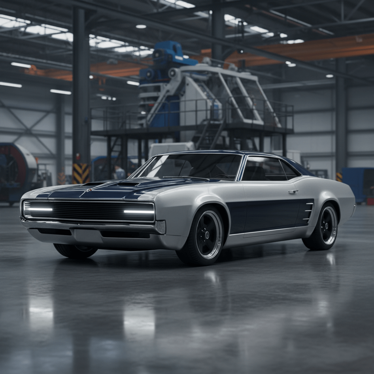 Sleek retro-inspired car with modern aerodynamics in a polished factory setting.