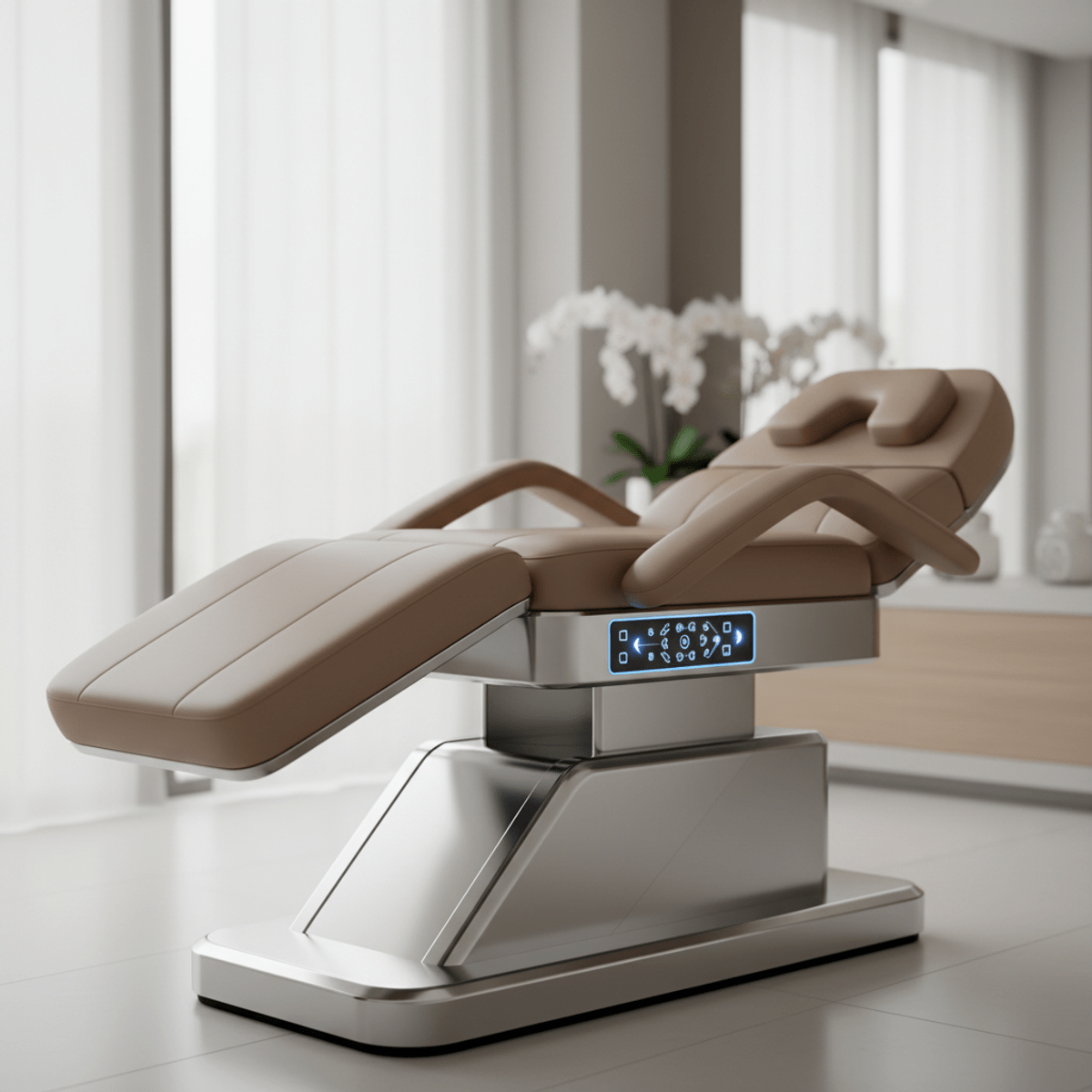 Sleek futuristic hydraulic massage table with adjustable sections and matte leather.