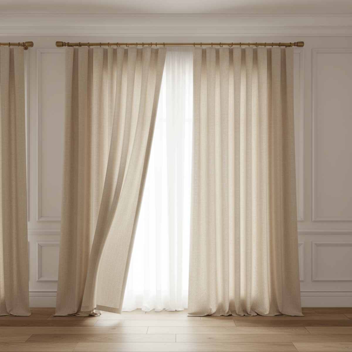 Brushed brass smart curtain rod with hidden automation and flowing sheer curtains.